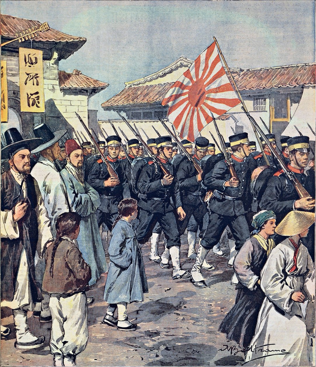 Ankunft japanischer Truppen in Korea, von Achille Beltrame (1871-1945), Illustration aus La Domenica del Corriere, 21. Februar von Achille Beltrame
