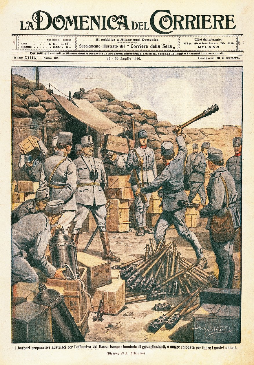 Österreichische Barbaren bereiten sich auf die Offensive am unteren Isonzo vor, Illustration aus La Domenica del Corriere, 23. Juli von Achille Beltrame