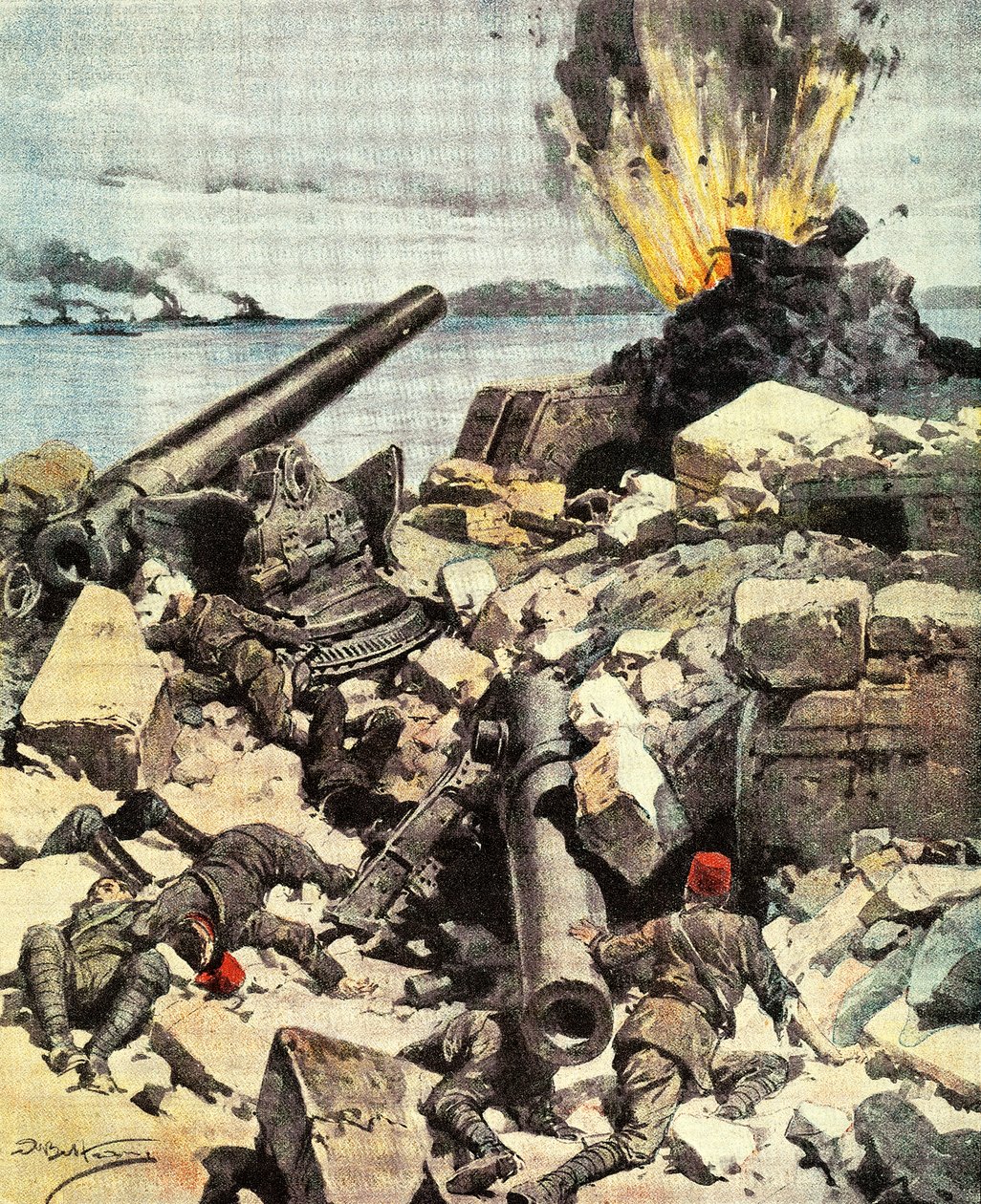 Schlacht von Dardanellen, anglo-französische Flotte zerstört Dardanellen-Forts, um die Meerenge zu durchbrechen und nach Konstantinopel zu gelangen, Illustration aus La Domenica del Corriere, 14.-21. März von Achille Beltrame