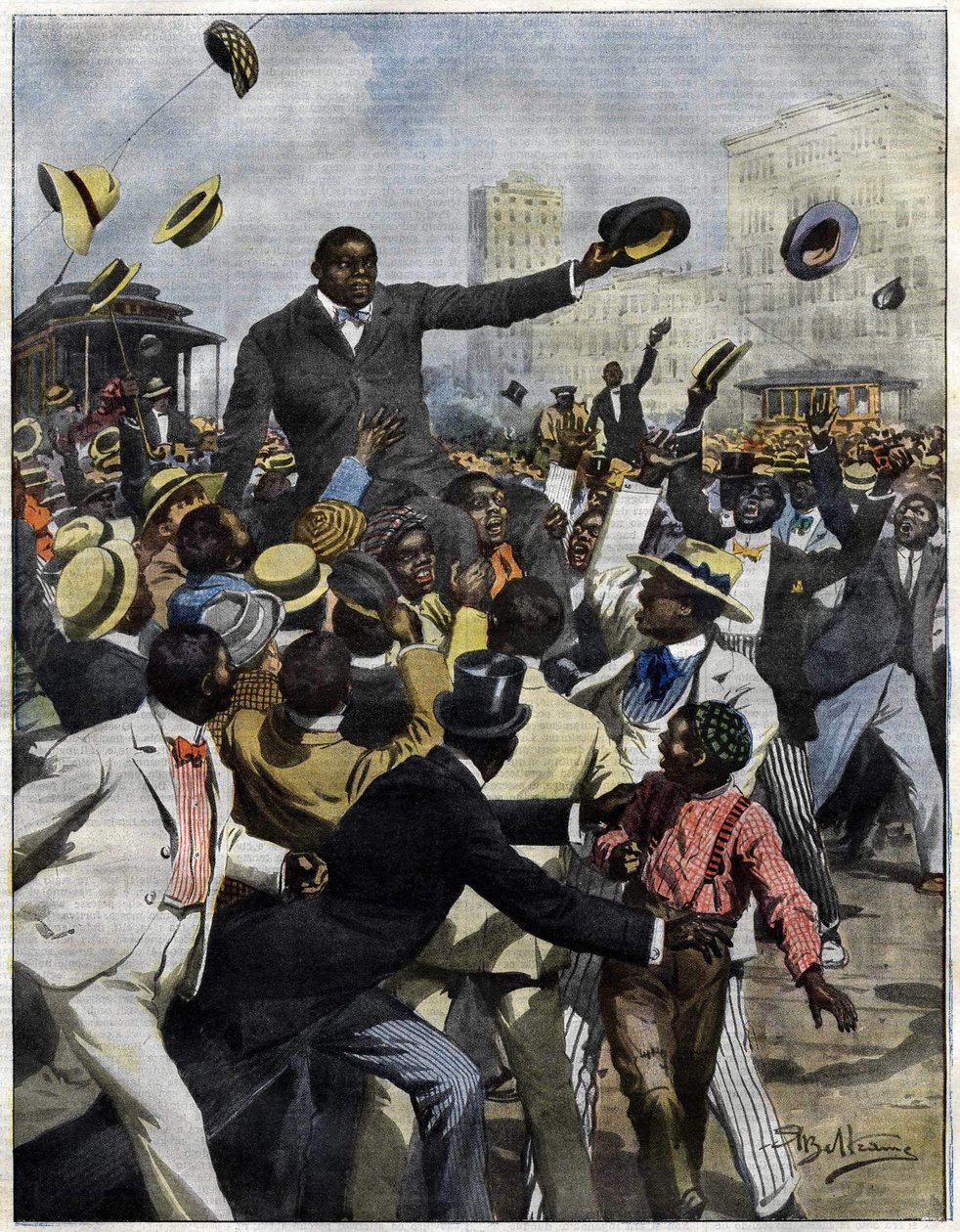 Boxer Jack Johnson kam 1910 in Chicago an. Illustration von Achille Beltrame für La Domenica del Corriere. von Achille Beltrame