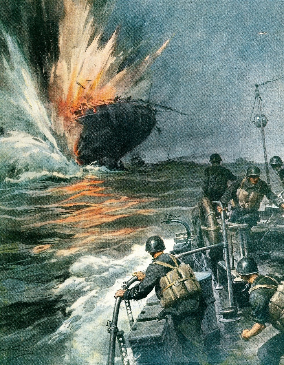 Britisches Handelsschiff von italienischem MAS im Mittelmeer versenkt, 3. August von Achille Beltrame