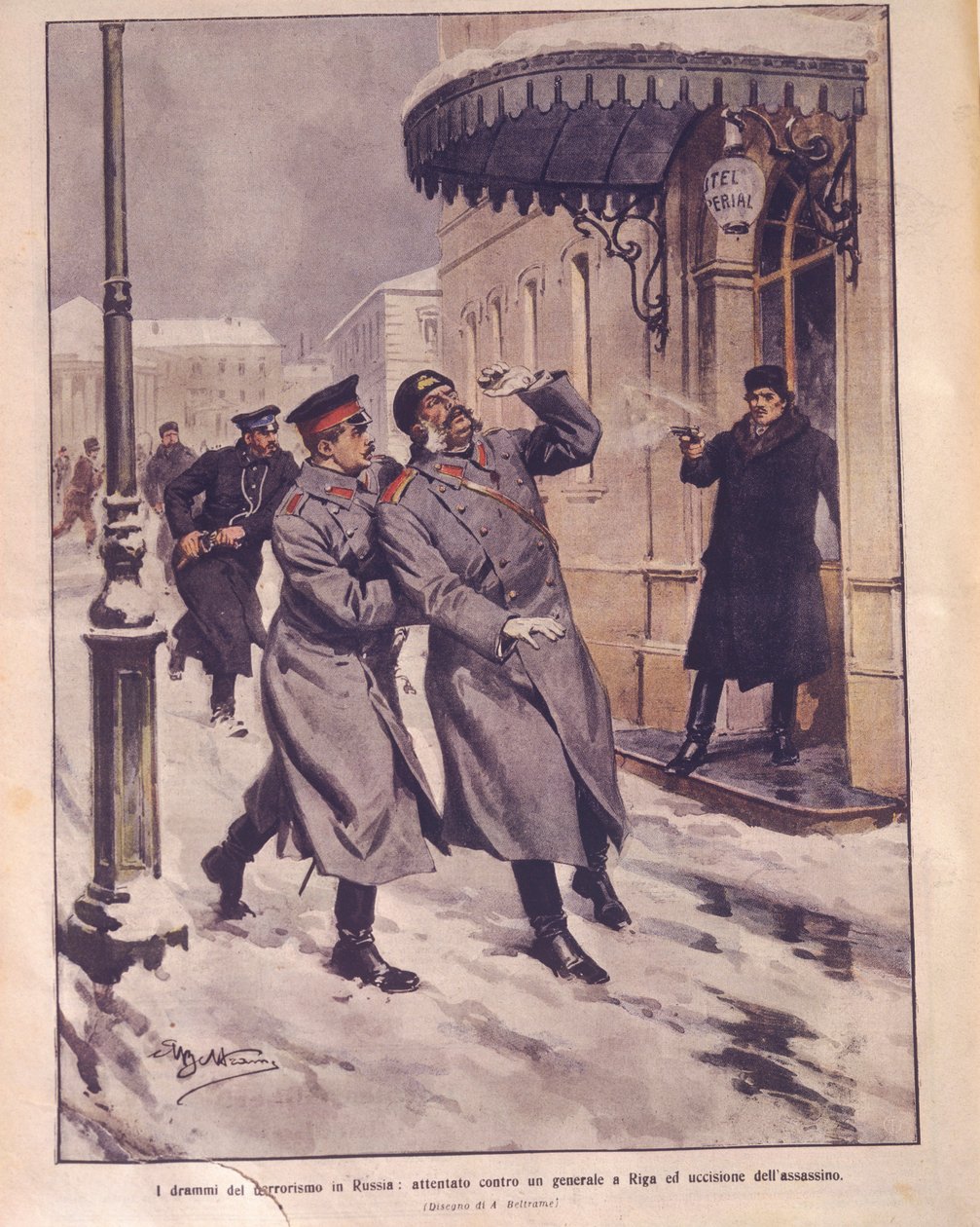 Titelbild von Terrorismus im Russischen Reich; Attentat auf das Leben des Generals und Tod des Angreifers in Riga von Achille Beltrame