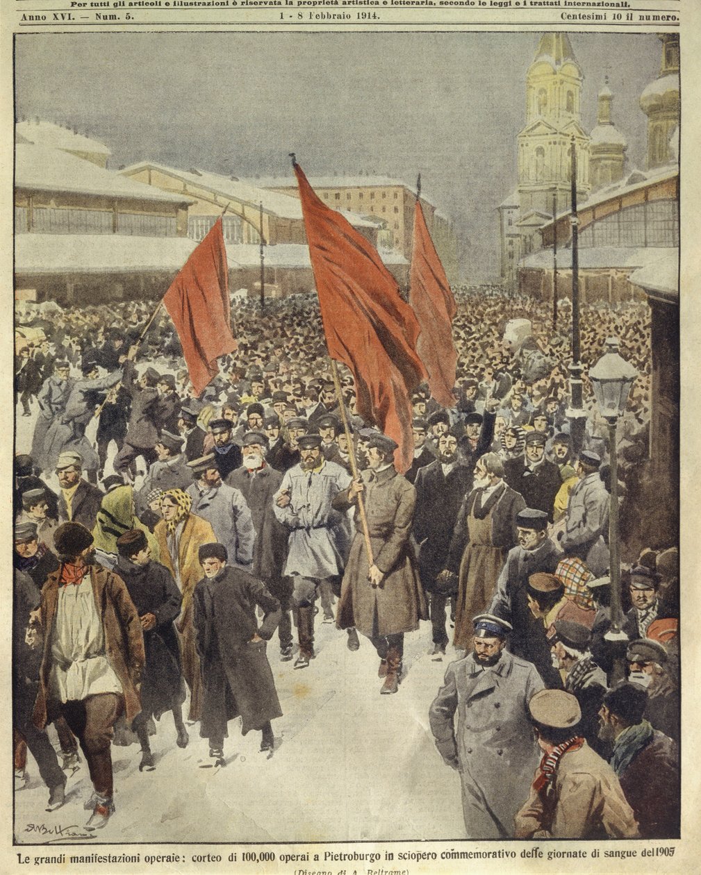 Titelillustration von hunderttausend Arbeitern, die zum Gedenken an den Blutsonntag von 1905 marschieren; Sankt Petersburg, Russland von Achille Beltrame