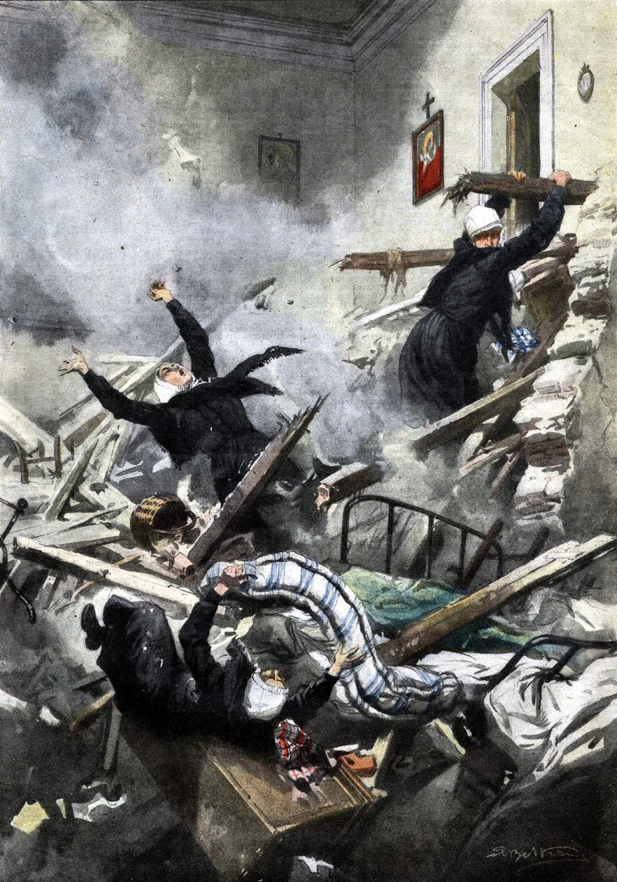 Katastrophe in einem Gebäude in Genua: Gute Schwestern verschwanden beim Einsturz von zwei Wohnungen. Ill. von Beltrame. „La Domenica del Corriere“. 04/1914 von Achille Beltrame