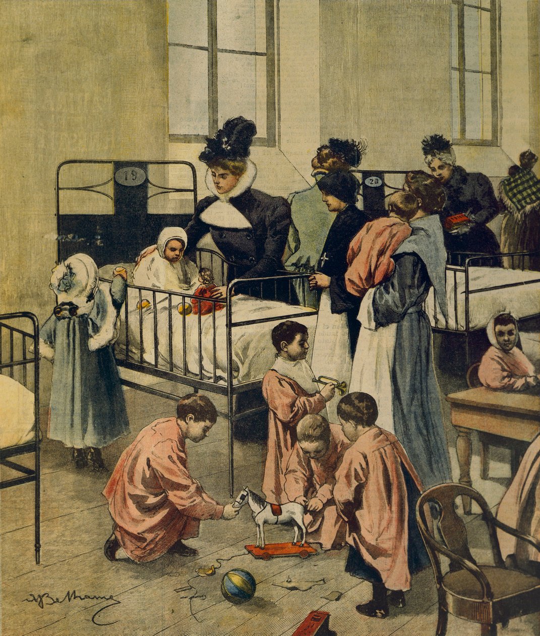 Verteilung von Weihnachtsgeschenken an arme Kinder im Krankenhaus, Illustration von Achille Beltrame von Achille Beltrame
