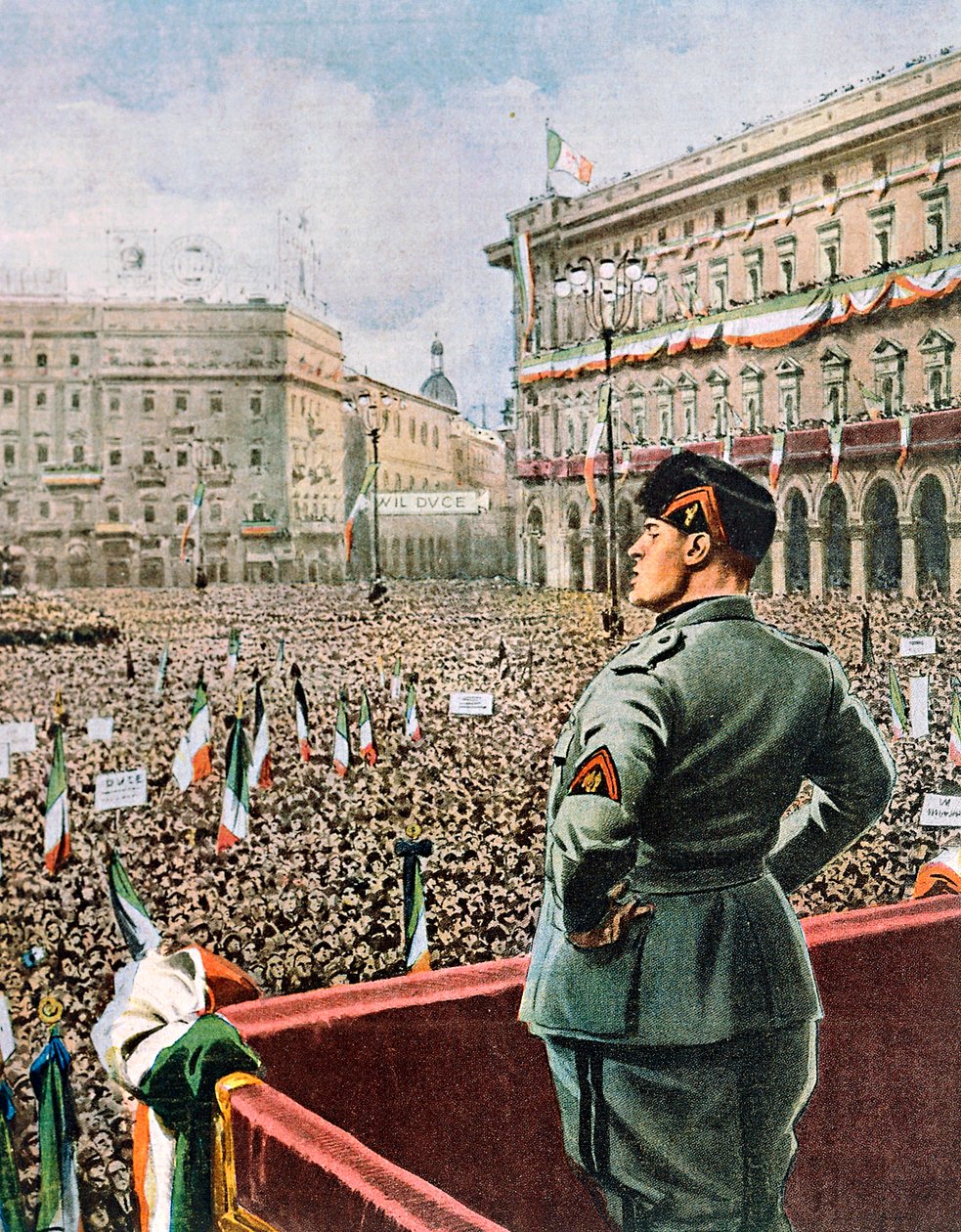 Rede des Duce auf der Piazza Duomo in Mailand, Illustration von Achille Beltrame, Mai 1930 von Achille Beltrame