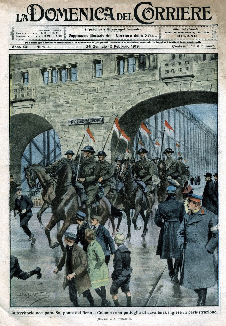 Englische Präsenz in Deutschland: Militärtruppen auf einer Rheinbrücke in Köln. Illustration von Beltrame. La Domenica del Corriere. 01/1919 von Achille Beltrame