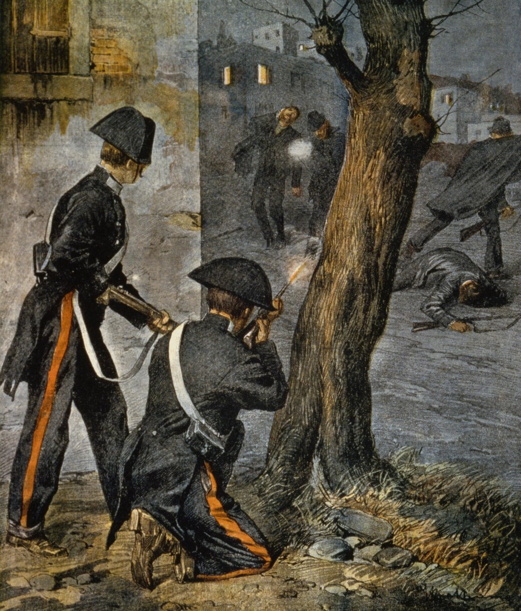 Episode der sizilianischen Mafia, Konflikt zwischen Polizei und Gangstern in Trapani aus La Domenica del Corriere, 31. Dezember von Achille Beltrame