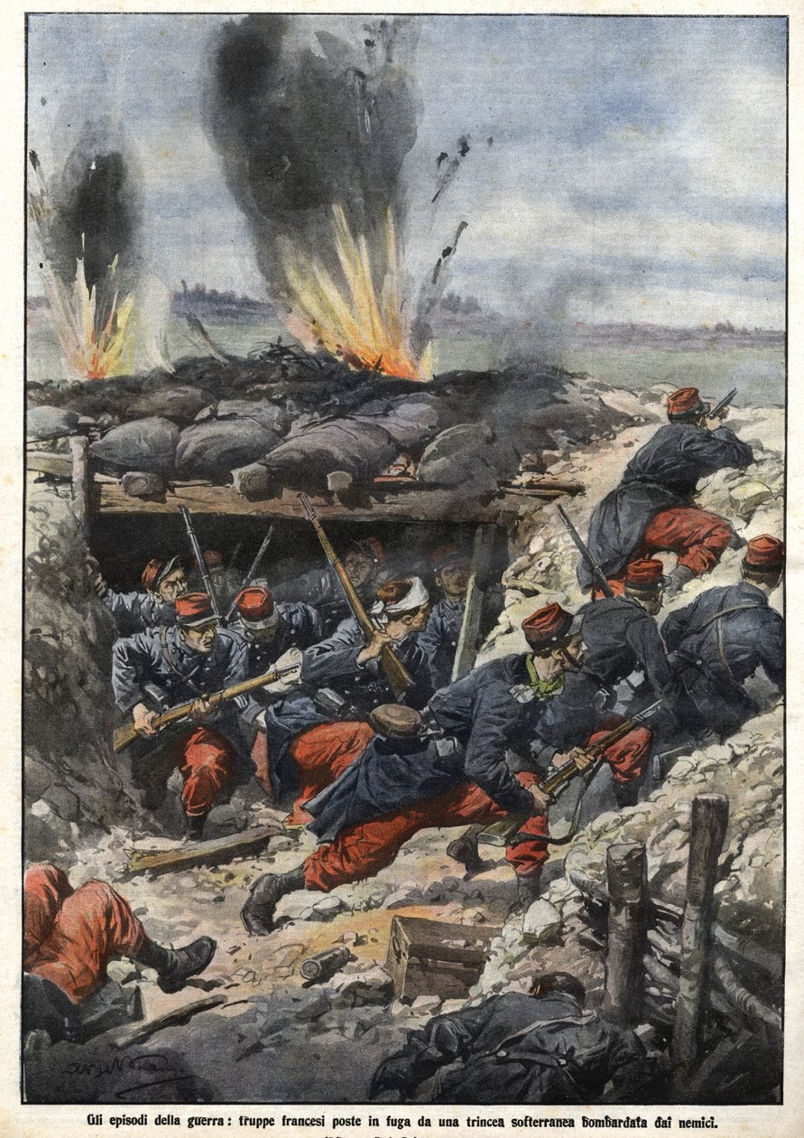 Episode des Krieges von 1914: Französische Truppen in den Schützengräben werden von Feinden bombardiert. "La Domenica del Corriere" von Achille Beltrame