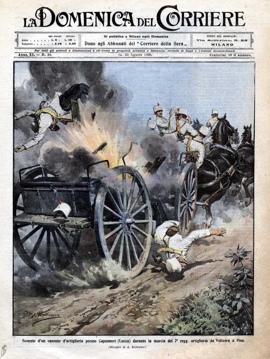 Explosion einer Artilleriekiste in der Nähe von Capannori (Lucca) während des Transfers des 7. Artillerieregiments von Volterra nach Pisa. Illustration von Beltrame. „La Domenica del Corriere“. 15-23/08/1909 von Achille Beltrame