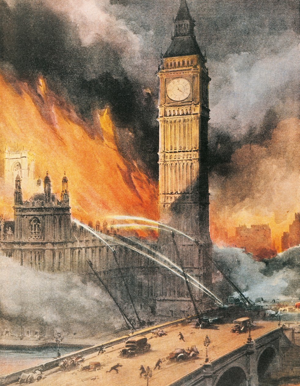 Brand im Westminster-Palast, London, nach deutschem Bombenangriff, Illustration aus 