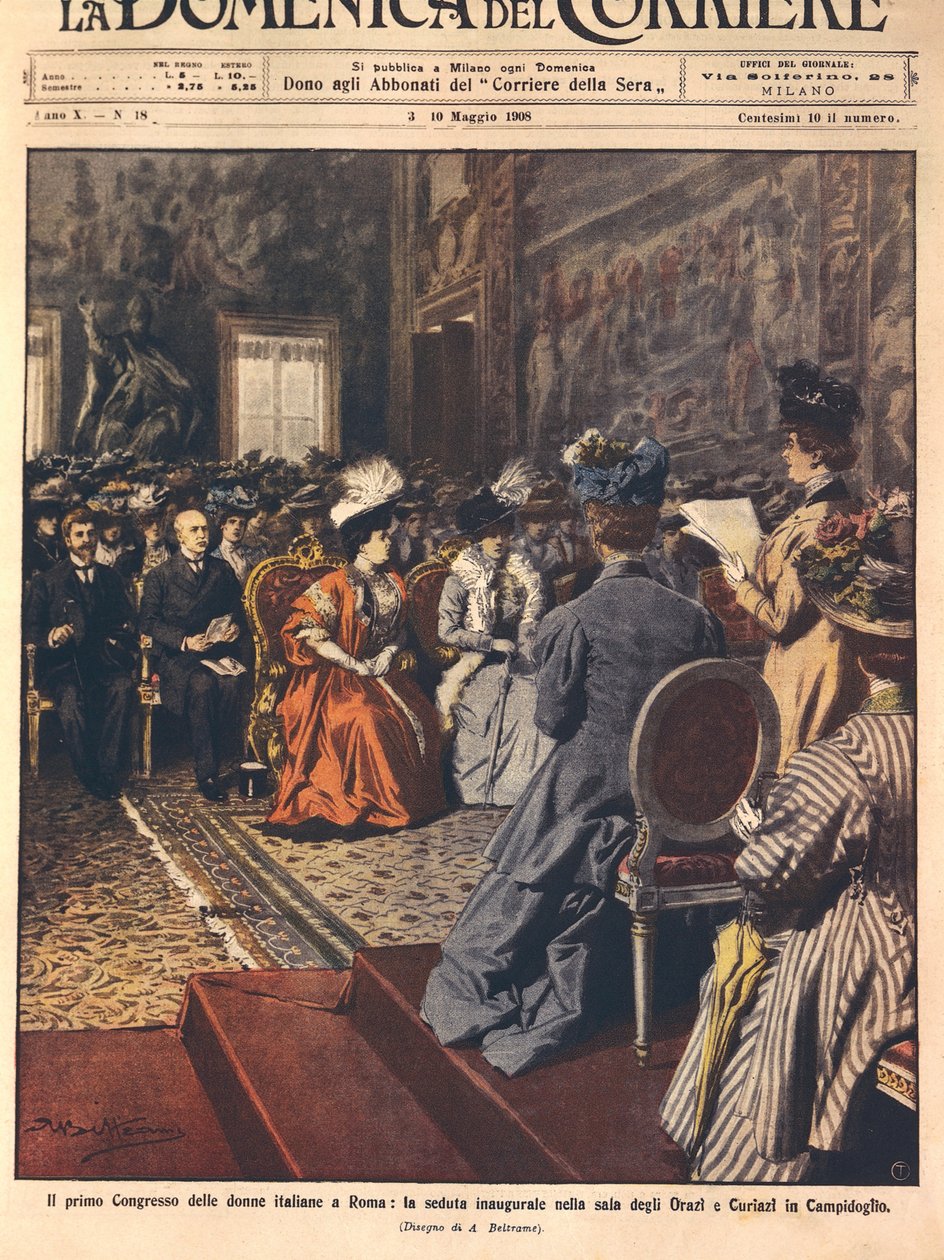Erster italienischer Frauenkongress im Kapitol, Rom, Illustration von Achille Beltrame aus La Domenica del Corriere, 3. Mai von Achille Beltrame