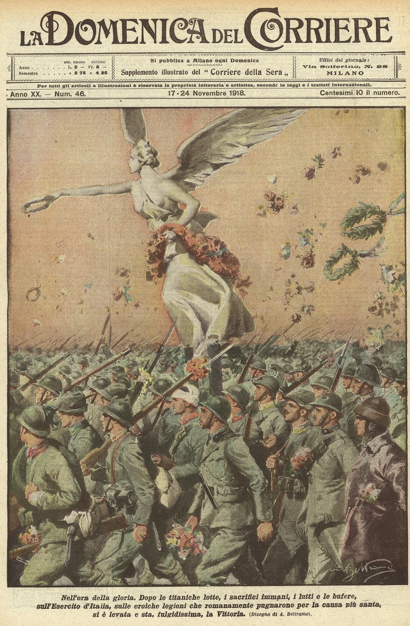Erster Weltkrieg 1918 - Italien im Krieg. Tag des Sieges. In der Stunde des Ruhms. Nach einem titanischen Kampf, den immensen Opfern, den Toten, den Stürmen, hat die Armee Italiens, die heldenhaften römischen Legionen, die für die heiligste Sache kämpften, von Achille Beltrame