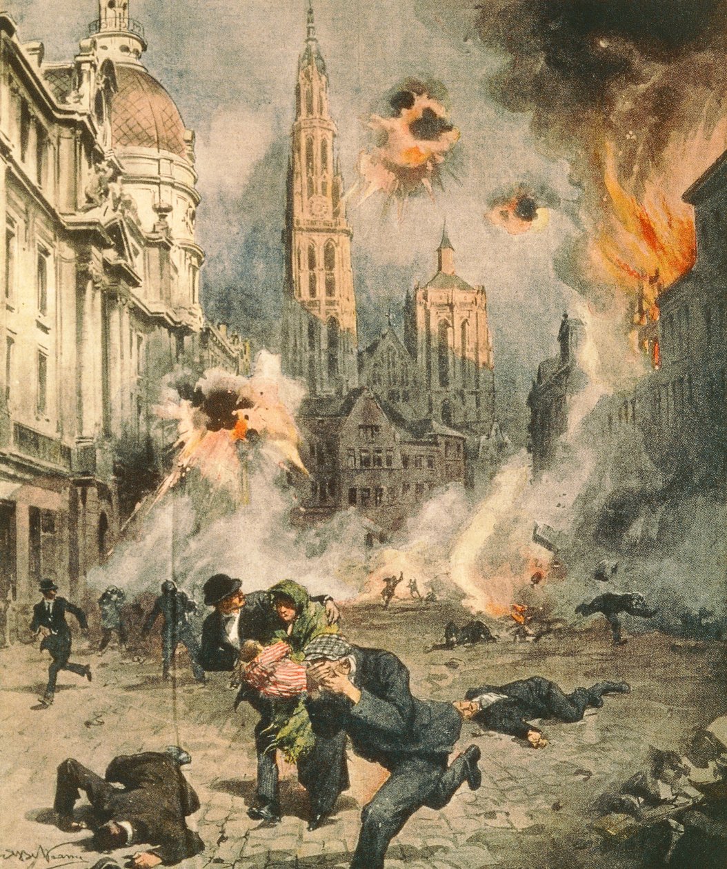 Deutsche bombardieren und besetzen Antwerpen, Illustration von Achille Beltrame aus La Domenica del Corriere von Achille Beltrame