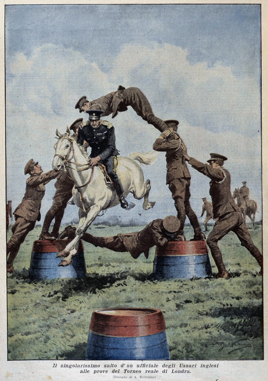 Pferdespringen: Englische Husaren bei den Londoner Turnierproben - Zeichnung von A. Beltrame, in „La Domenica del Corriere“ von Achille Beltrame