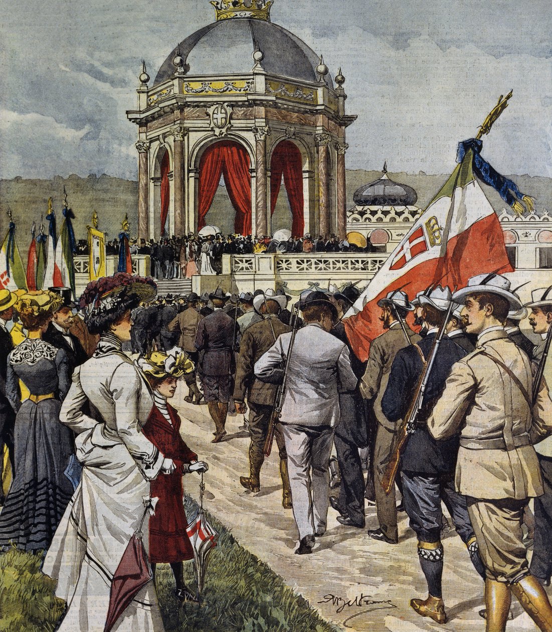 Eröffnung des IV. Schießwettbewerbs am Farnesina-Polygon, Rom, Italien, Illustration von Achille Beltrame aus La Domenica del Corriere, 25. Mai von Achille Beltrame