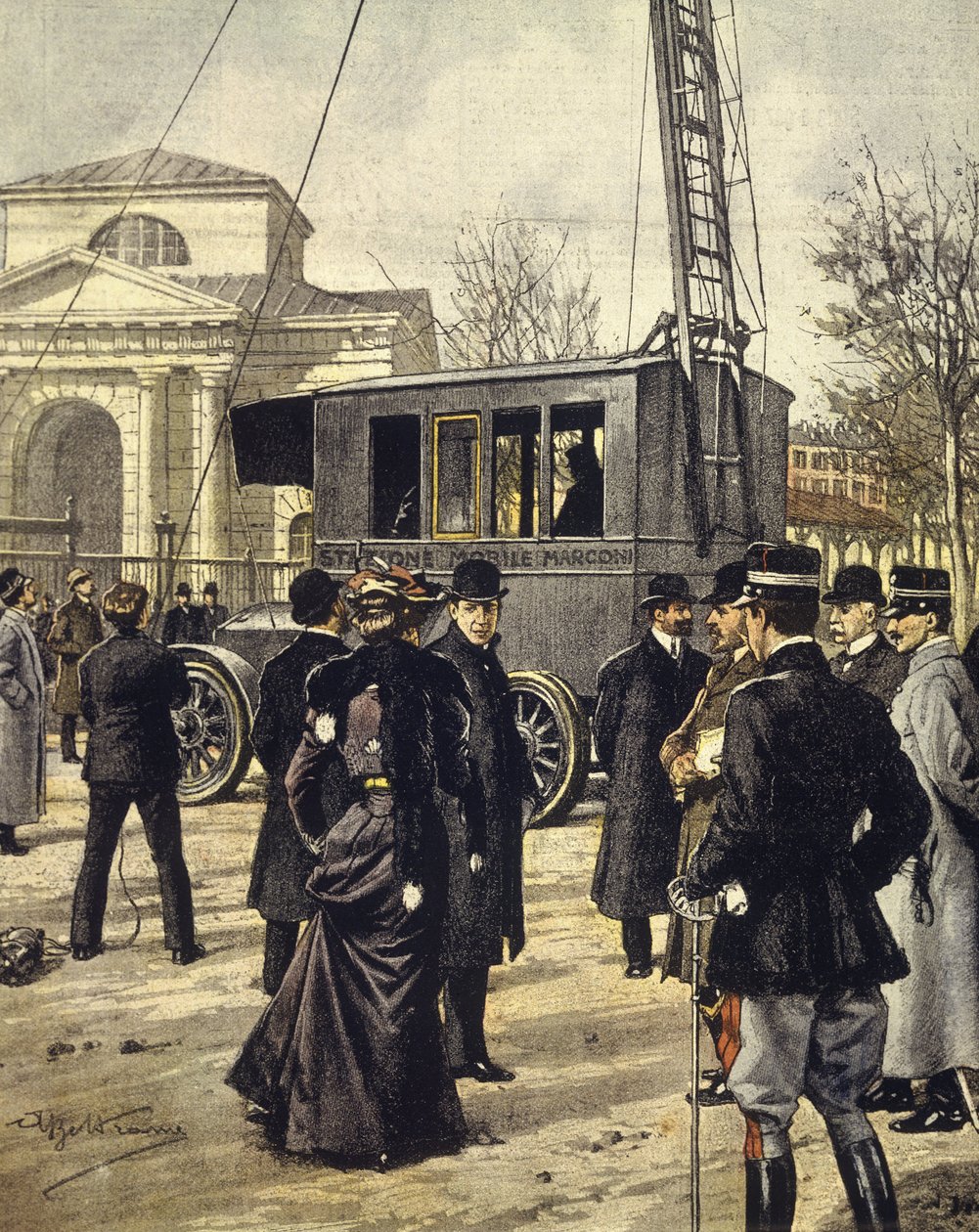 Der italienische Physiker Guglielmo Marconi nimmt an Experimenten mit der ersten mobilen Radiostation in Mailand teil, 30. Dezember von Achille Beltrame