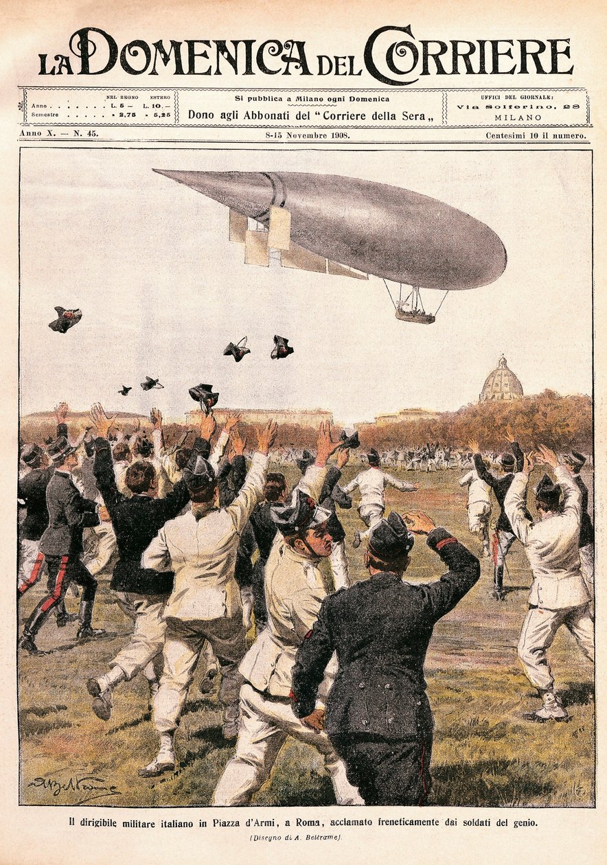 Flug des Luftschiffs, gesteuert von Crocco und Ricaldoni in Rom, am 31. Oktober von Achille Beltrame