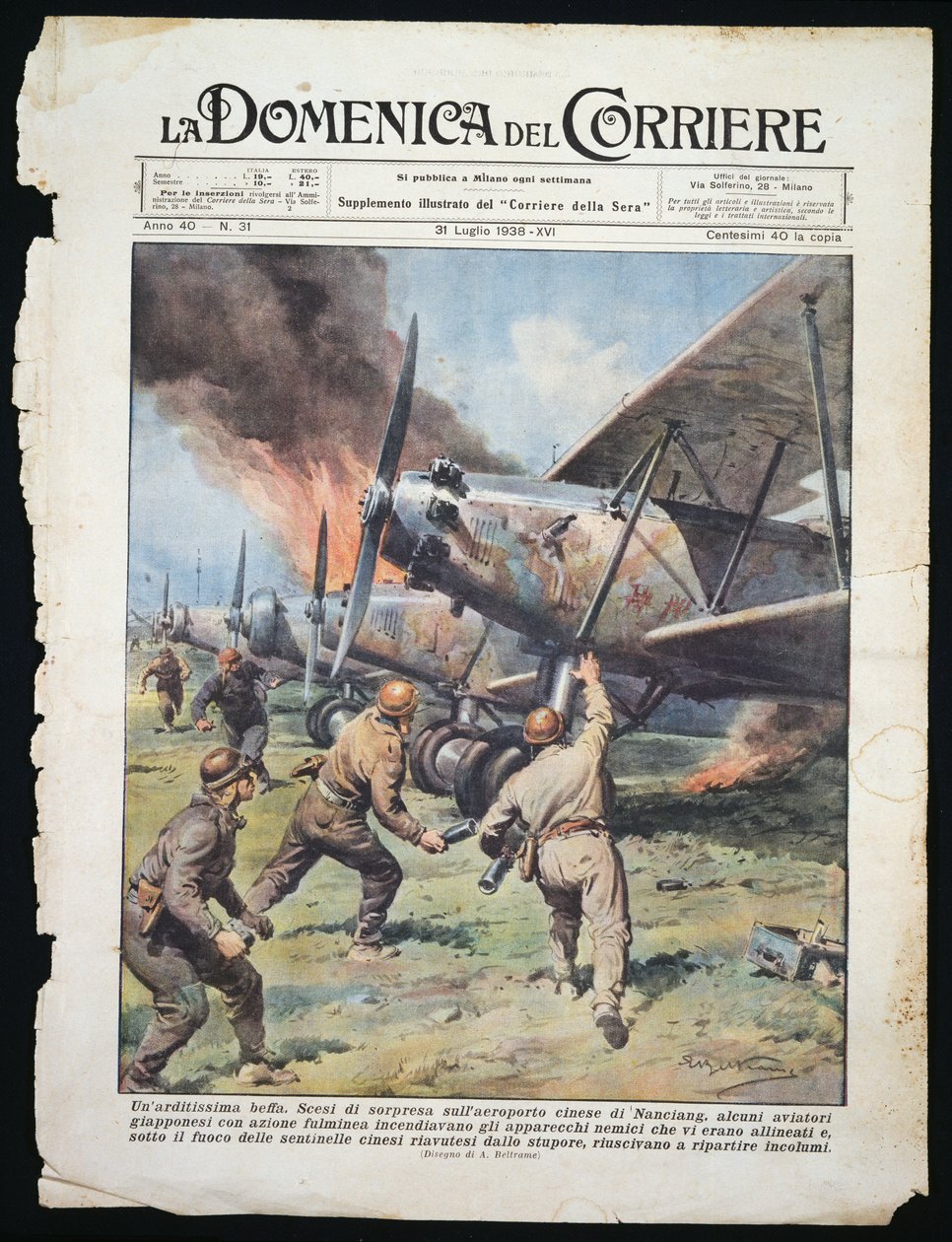 Japanischer Kommandounternehmen auf dem chinesischen Flughafen von Nanchang, Platte von Achille Beltrame aus der Zeitung La Domenica del Corriere, 31. Juli von Achille Beltrame