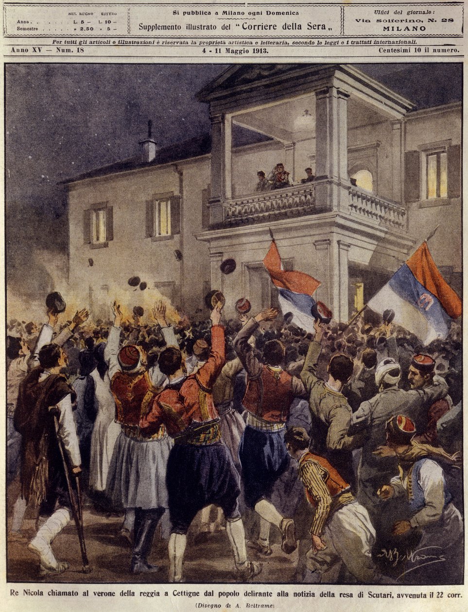 König Nikolaus I. von Montenegro vor einer Menge in Cettigne nach der Kapitulation der Stadt Shkoder, 4. Mai von Achille Beltrame