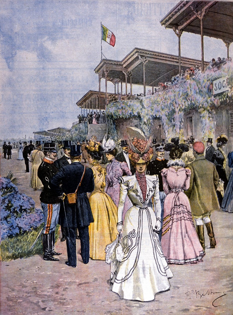 Mailand: Pferderennen auf der Rennbahn von San Siro: Übergabe des Handelspreises (Premio del commercio). Illustration von Beltrame. La Domenica del Corriere. 1899 von Achille Beltrame