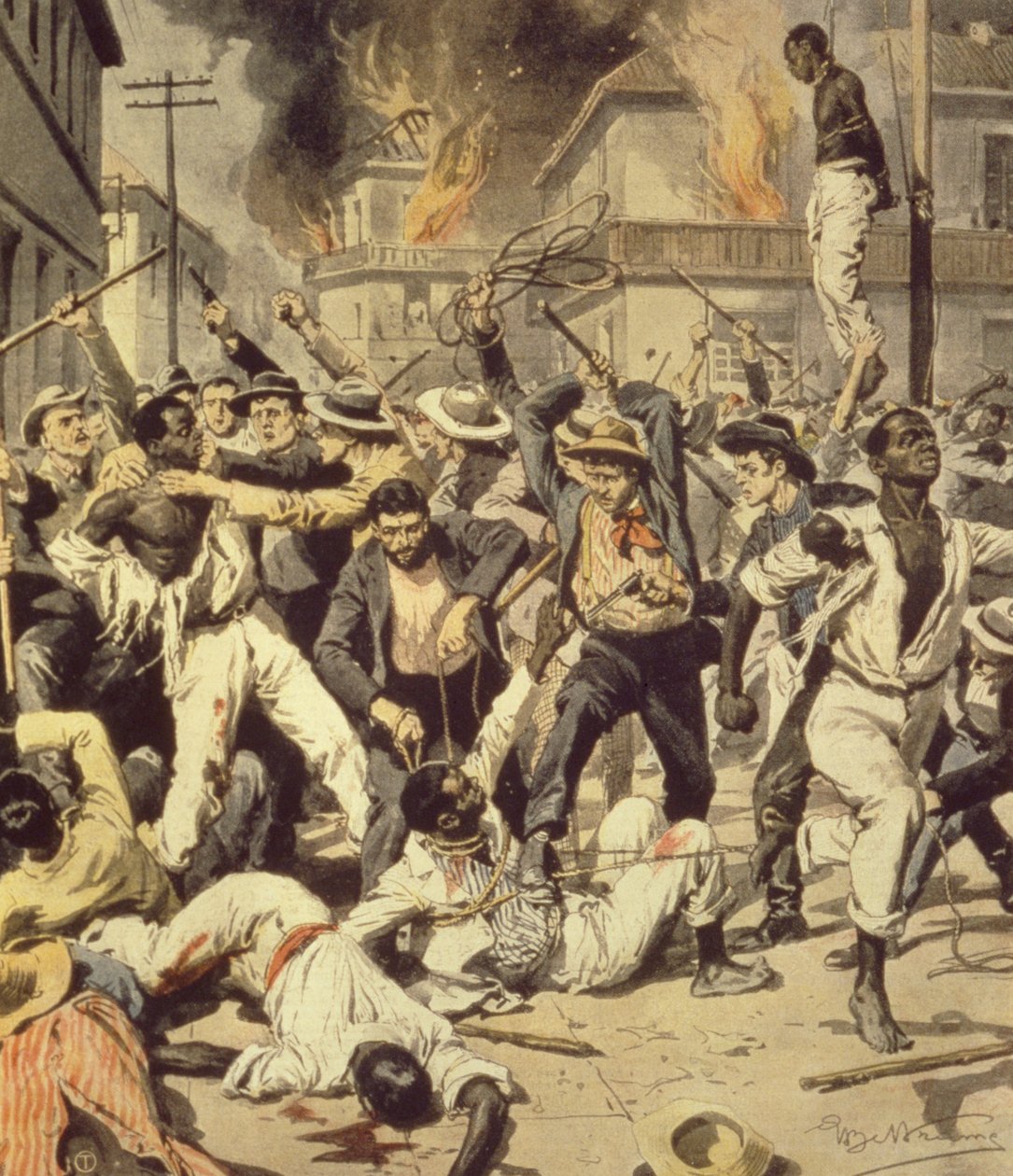 Mob jagt Schwarze in Springfield, Illinois, Achille Beltrame, aus La Domenica del Corriere, August 1908 von Achille Beltrame