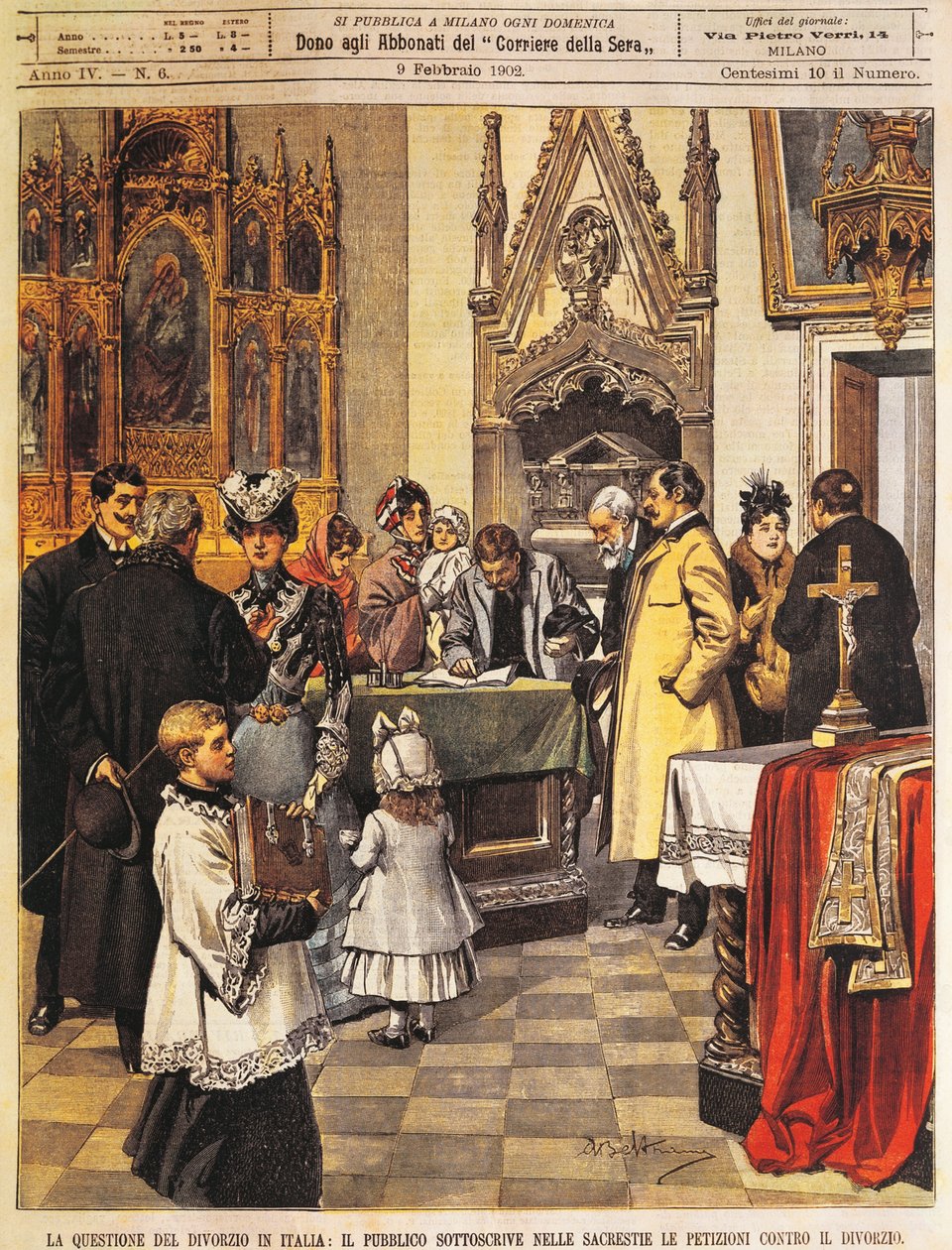 Öffentliche Petition gegen die Scheidung in der Sakristei, von Achille Beltrame, Illustration, Illustrator Achille Beltrame (1871-1945), aus La Domenica del Corriere, 9. Februar 1902 von Achille Beltrame