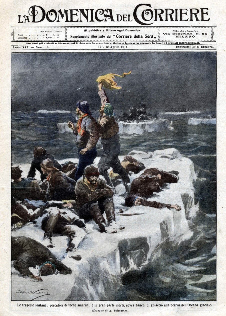 Robbenjäger, von denen einige starben, blieben auf dem treibenden Eis des Ozeans gestrandet. Ill. von Beltrame. „La Domenica del Corriere“. 12-19/04/1914. von Achille Beltrame