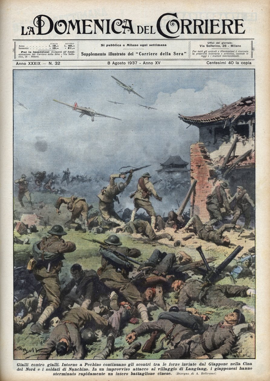 Zweiter Japanisch-Chinesischer Krieg (1937-1945): Zusammenstöße zwischen japanischen und chinesischen Waffen in der Nähe von Peking, die Japaner vernichten schnell ein ganzes chinesisches Bataillon. Illustration von Achille Beltrame aus 