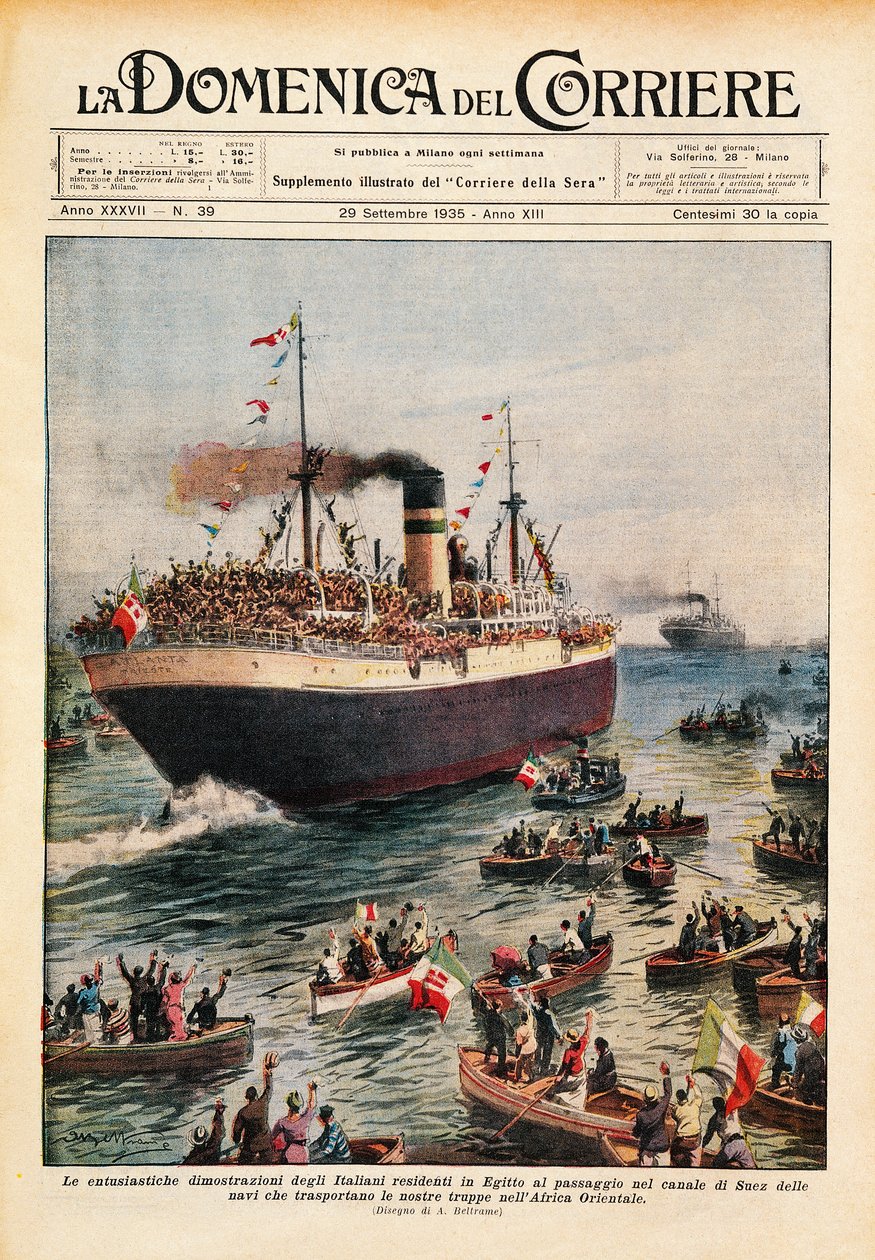 Schiffe transportieren italienische Truppen nach Ostafrika über den Suezkanal, Illustration aus La Domenica del Corriere, 20. Oktober von Achille Beltrame