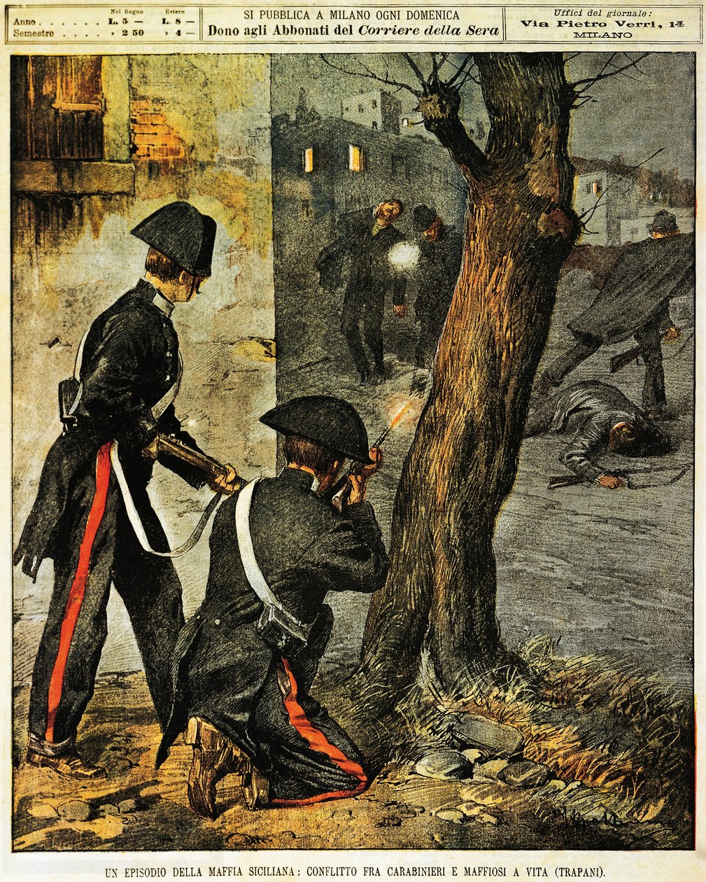 Sizilianisches Mafia-Ereignis, Kampf zwischen Carabinieri und Mafia-Gangstern in Trapani, Illustration von Achille Beltrame, aus La Domenica del Corriere, 31. Dezember 1899 von Achille Beltrame