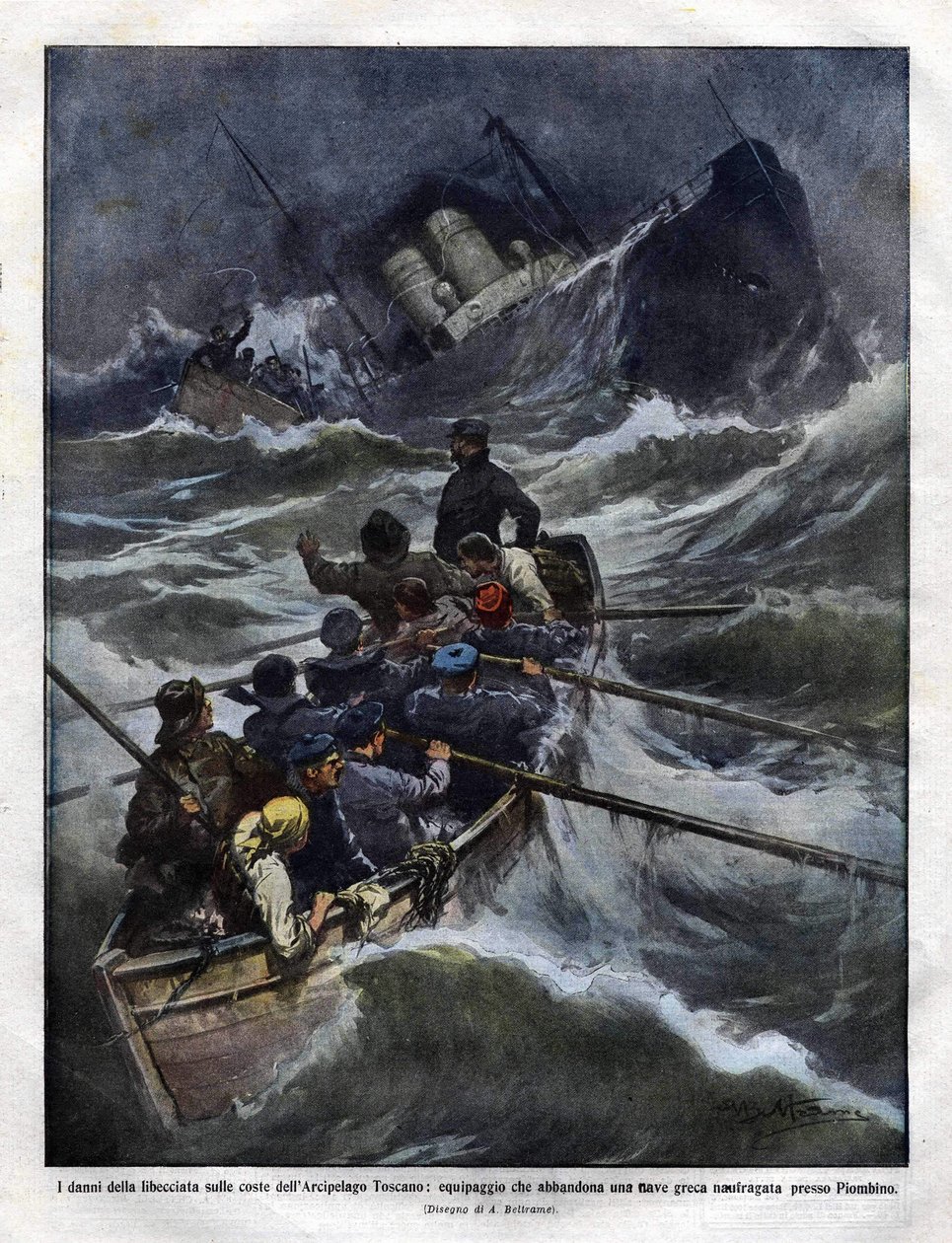 Untergang eines italienischen Bootes vor der Küste der Toskana im Jahr 1910. Illustration von Achilles Beltrame von Achille Beltrame