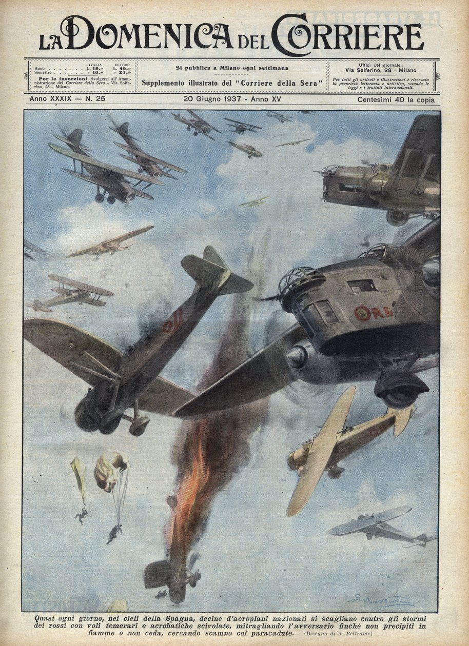 Spanischer Bürgerkrieg: Luftkämpfe zwischen republikanischen und nationalistischen Flugzeugen über dem kriegsgebeutelten Spanien. Illustration von Achille Beltrame in „La domenica del Corriere“ vom 20.06.1937. von Achille Beltrame