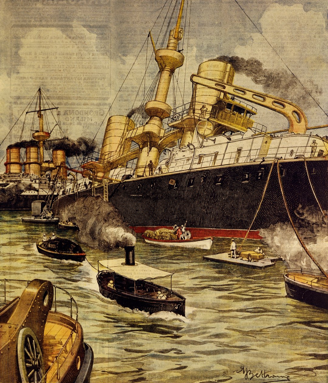 Das auf Grund gelaufene Schlachtschiff Andrea Doria bei Gallipoli, von Achille Beltrame (1871-1945), aus La Domenica del Corriere von Achille Beltrame