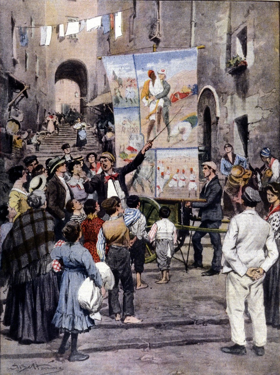 Die Poesie des Krieges: Die neuesten populären Lieder, inspiriert vom Libyenkrieg, werden in den Straßen von Neapel von Straßenkünstlern gesungen. Ill. von Beltrame. La Domenica del Corriere. 1912 von Achille Beltrame