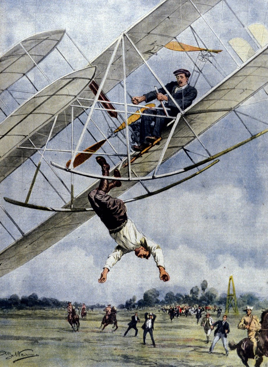 Die Dramen der Luft: Orville Wright und der amerikanische Leutnant Selfridge stürzen mit ihrem Flugzeug aus einer Höhe von dreißig Metern ab. Illustration von Beltrame. La Domenica del Corriere. 1908 von Achille Beltrame