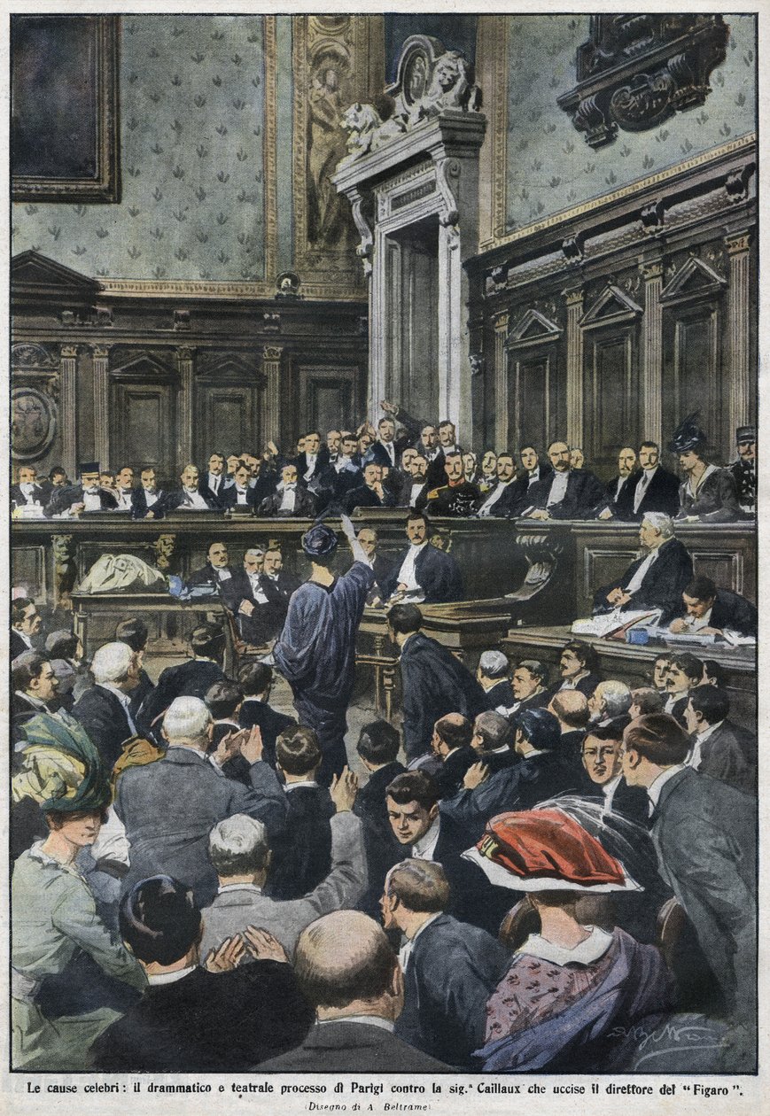 Der große Prozess: der große Prozess in Paris von Madame Caillaux, die den Direktor des Figaro ermordete. „La Domenica del Corriere“, 22. bis 29. November 1914. von Achille Beltrame