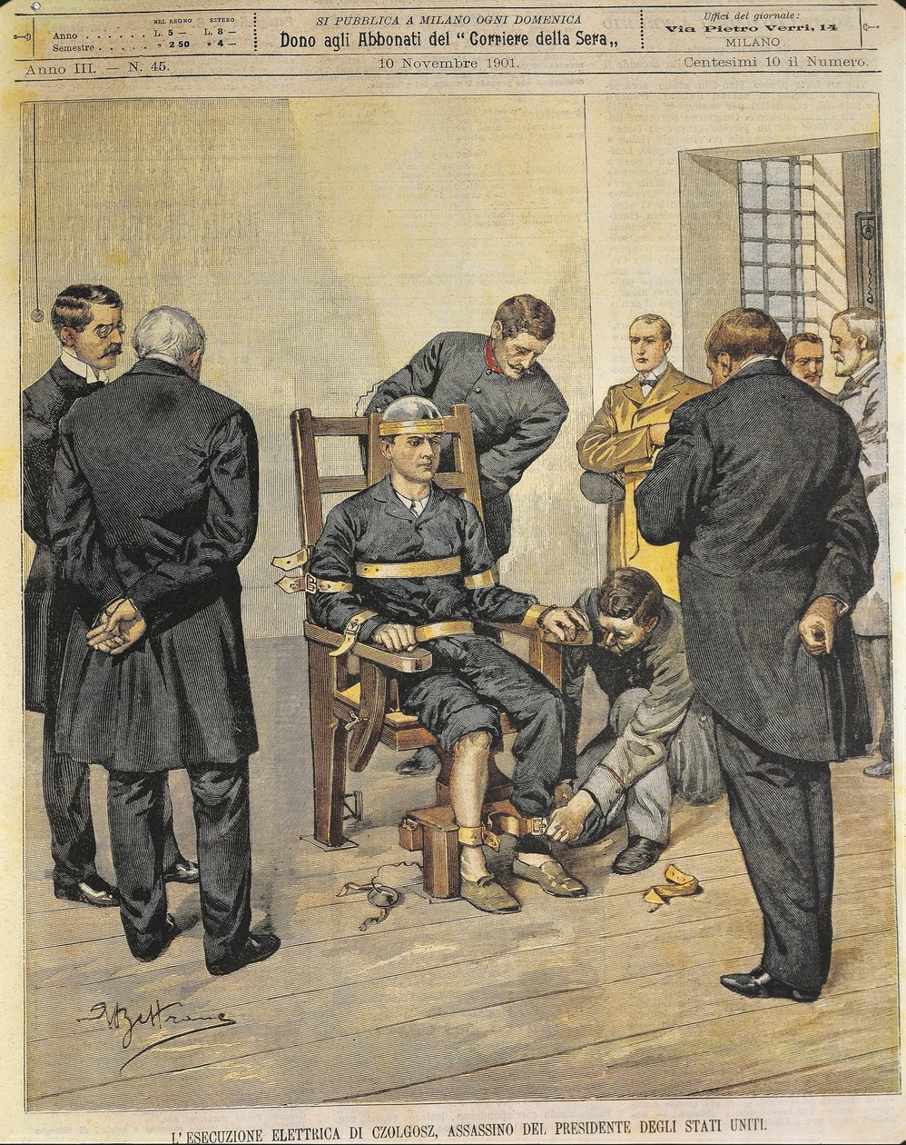 Vereinigte Staaten von Amerika, 20. Jahrhundert, Die Hinrichtung von Czolgosz, Mörder des Präsidenten der Vereinigten Staaten McKinley, 29. Oktober 1901 (Kunstwerk von einem Magazincover) von Achille Beltrame