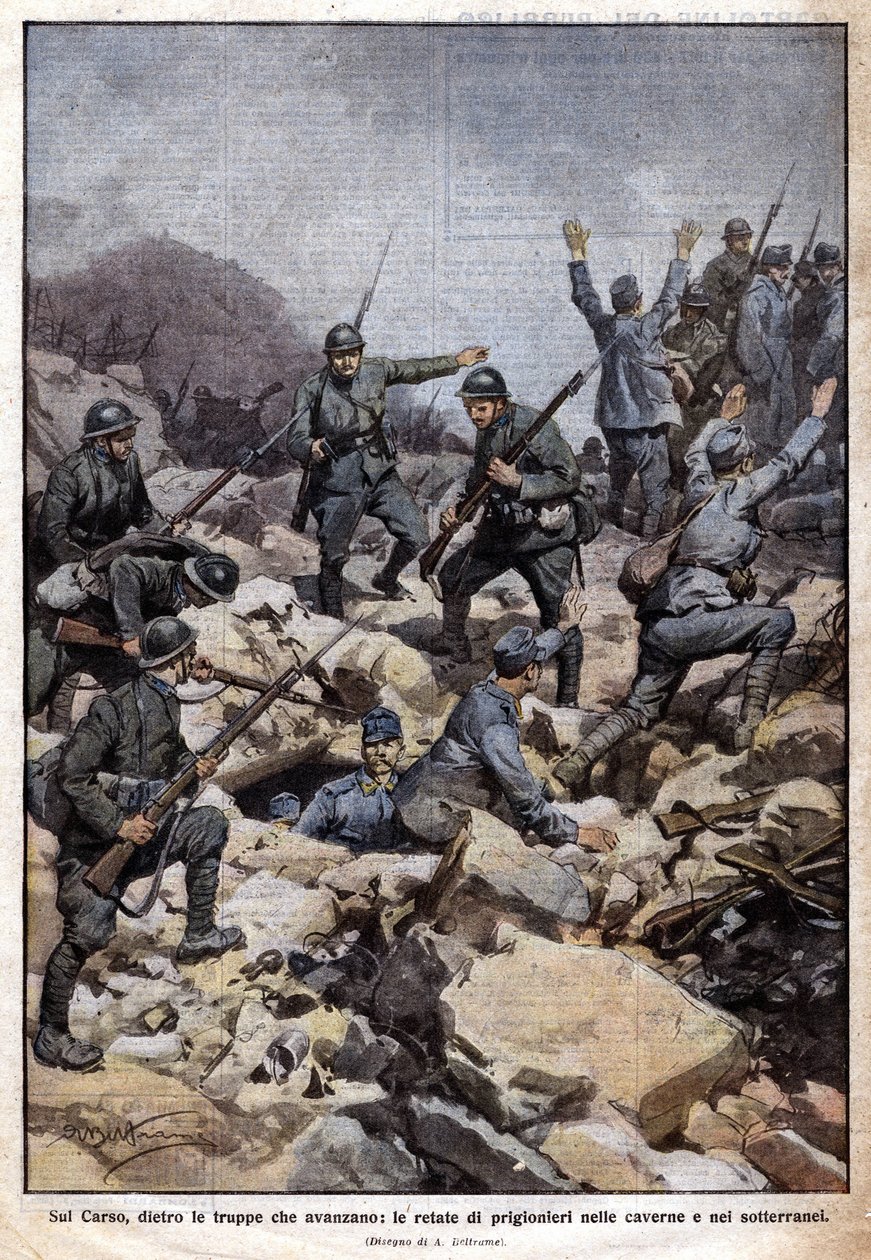 Erster Weltkrieg: Italienische Front auf dem Karstplateau (Trentino) und Gefangene im Untergrund. „Domenica del Corriere“. 07/1917 (Lithographie) von Achille Beltrame