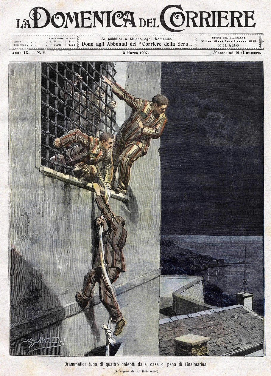 Flucht von drei Gefangenen aus dem Gefängnis von Finalmarina in Italien im Jahr 1907. Illustration von Achille Beltrame für die Domenica del Corriere vom 3. März von Achille Beltrame