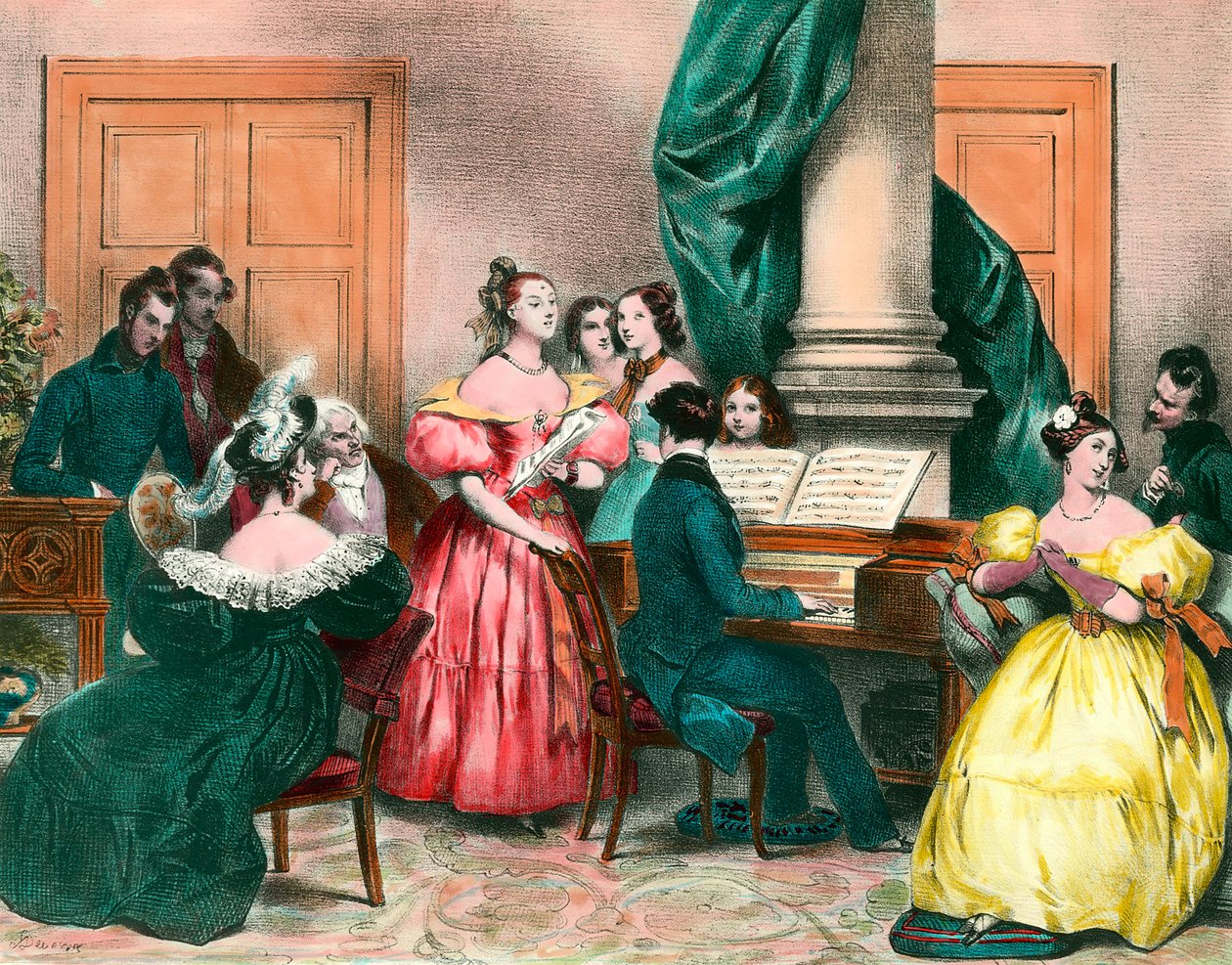 Ein musikalischer Nachmittag in der Familie. Gravur von Achille Deveria (1800-1857), Gravur des 19. Jahrhunderts. Private Sammlung von Achille Devéria