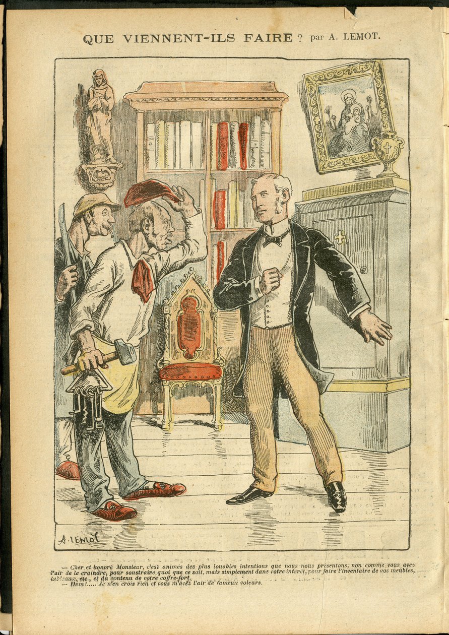 Illustration von Achille Lemot (1846-1909) in Le Pelerin, 04/02/06 - Was kommen sie zu tun? - Religion Glaube, Katholizismus - Trennung von Kirche und Staat, Inventare/Reaktionen auf Inventare von Achille Lemot