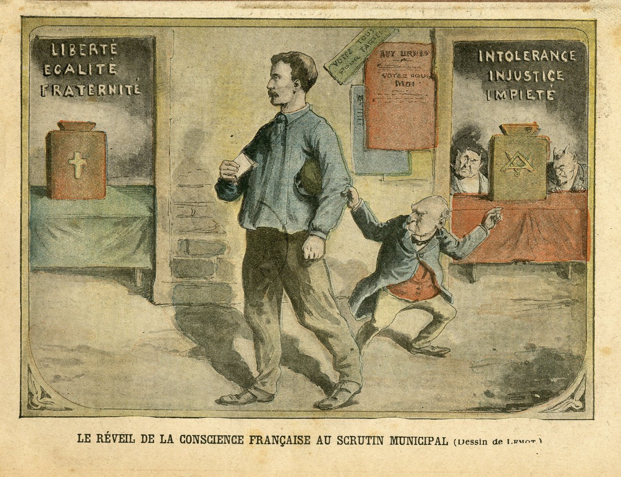 Illustration von Achille Lemot (1846-1909) in Le Pelerin, 01/05/04 - Das Erwachen des französischen Bewusstseins bei der Kommunalwahl - Wahlen, Religion Glaube, Block der Linken, Katholizismus Katholisch - Laizismus Laizität Laizistische Gesetze - Combes E von Achille Lemot