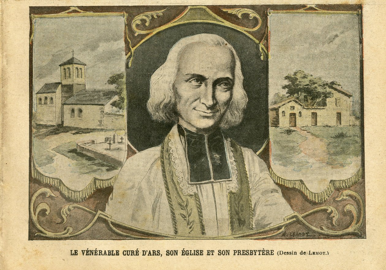 Illustration von Achille Lemot (1846-1909) in Le Pelerin, 06/03/04 - Der ehrwürdige Pfarrer von Ars, seine Kirche und sein Pfarrhaus - Religion Glaube, Kirchen Kathedralen, Katholisch Katholizismus - Pfarrhaus - Pfarrer von Ars (Abbé Vianney) (178-1859) von Achille Lemot