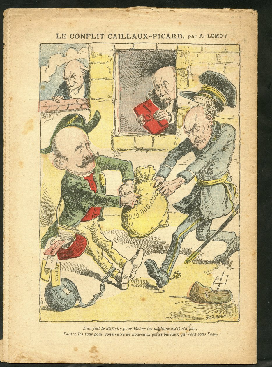 Illustration von Achille Lemot (1846-1909) in Le Pelerin, 07/03/09 - Der Caillaux-Picard-Konflikt - Besteuerung, Einkommensteuer - Combes Emile (1835-1921), Clemenceau George, Caillaux Joseph (1863-1944) von Achille Lemot