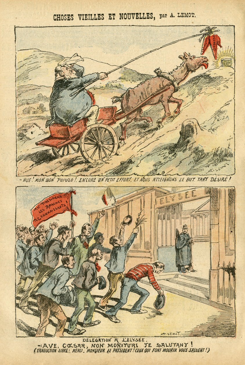 Illustration von Achille Lemot (1846-1909) in Le Pelerin, 20/10/07 - Alte und neue Dinge - Elysee, Sozialismus, Ministerium - Jaurès Jean, Esel - Portfolio von Achille Lemot