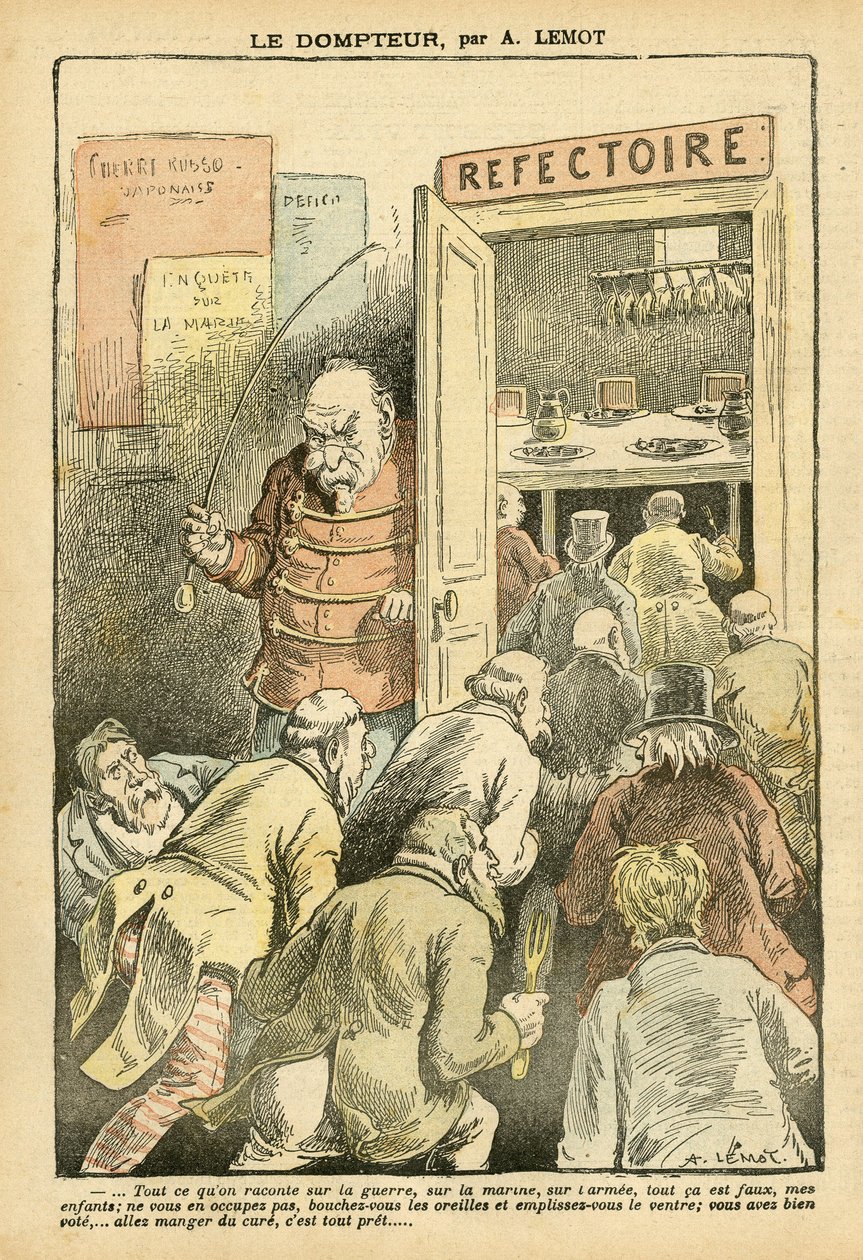 Illustration von Achille Lemot (1846-1909) in Le Pelerin, 27/03/04 - Der Dompteur - Restaurant Cafés, Gastronomie Koch - Combes Emile (1835-1921), Dompteur - Lebensmittel Metapher von Achille Lemot