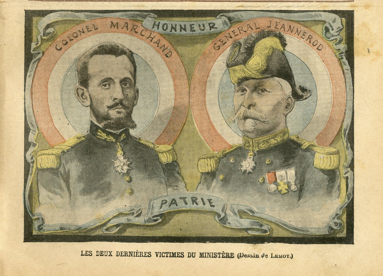 Illustration von Achille Lemot (1846-1909) in Le Pelerin, 29/05/04 - Die letzten beiden Opfer des Ministeriums - Armee, Kriegsministerium, Patriotismus - Laizismus Laizität Laizistische Gesetze - Marchand Jean-Baptiste (1863-1924), General Generäle, Jeanne von Achille Lemot