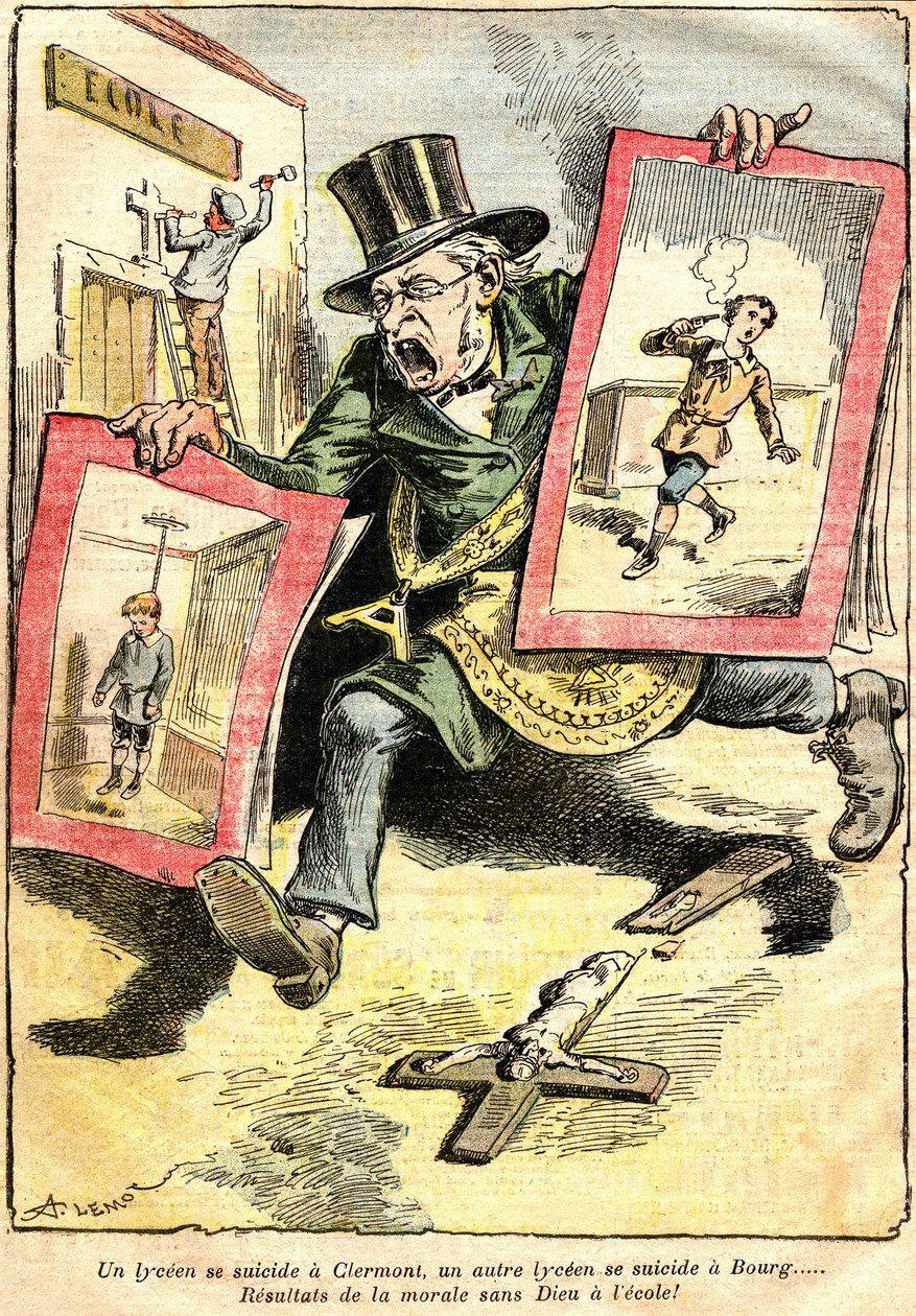 Die Ergebnisse: ein Schüler-Selbstmord in Clermont, ein anderer in Bourg: Ergebnisse der Moral ohne Gott in der Schule! - Karikatur von Achille Lemot (1846-1909) in Le Pelerin (1909) - Opposition von Laizität und religiöser Lehre (katholisch) - ein Beamter von Achille Lemot