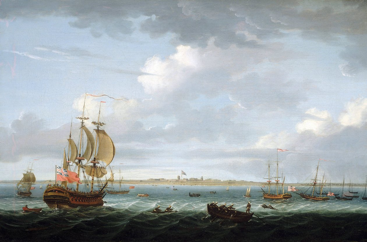 Navigation vor der Küste von Madras (Indien), mit einer Beschreibung des Hafens und der Stadt und der britischen Flagge über Fort Saint George, die die zunehmenden Schwierigkeiten in Indien für das Britische Empire hervorruft von Adam Callander